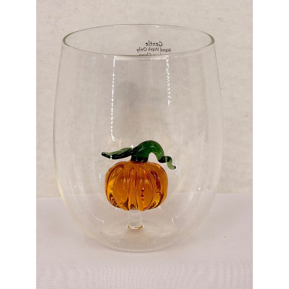 Anthropologie Pumpkin Stemless Wine Glass Fall Thanksgiving Hand Blown Figurine
